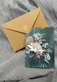 teal floral print card, TYPOFLORA, gift ideas made in australia